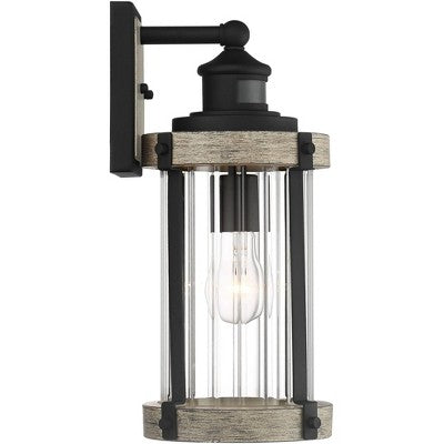  John Timberland Stan Rustic Farmhouse Outdoor Wall Light Fixture Gray Faux Wood Black Motion Sensor 15 1/2" Clear Ribbed Glass For Post Exterior Barn