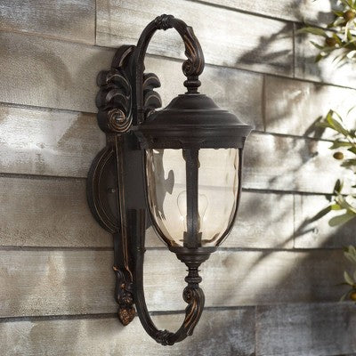  John Timberland Bellagio Vintage Rustic Outdoor Wall Light Fixture Veranda Bronze 26" Amber Hammered Glass For Post Exterior Barn Deck House Porch