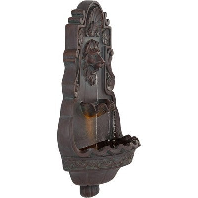  John Timberland Lion Head Rustic 2 Tier Outdoor Wall Water Fountain With LED Light 31 1/2" For Yard Garden Patio Home Deck Porch Exterior Balcony