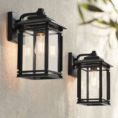  John Timberland North House Mission Outdoor Wall Light Fixtures Set Of 2 Matte Black 12" Clear Glass For Post Exterior Barn Deck House Porch