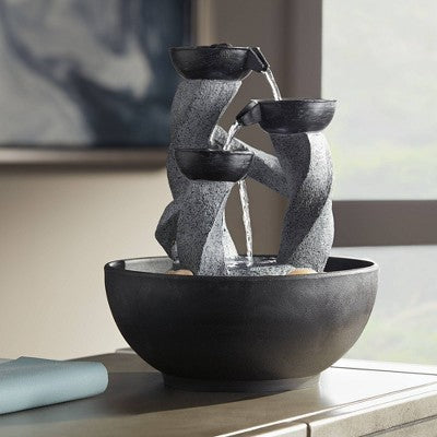  John Timberland Three Twist Column Modern Zen Cascading Bowls Indoor Tabletop Water Fountain With LED Light 11" For Table Office Desk Home Bedroom