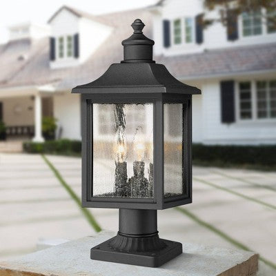  John Timberland Moray Bay 17" High Mission Outdoor Post Light Fixture Pole Porch House With Pier Mount Adapter 3-Light Black Metal Seeded Glass Shade