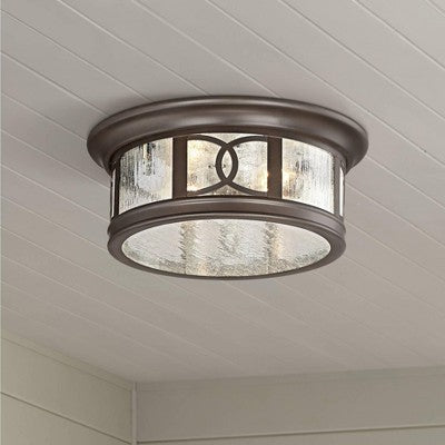  John Timberland Modern Flush Mount Outdoor Ceiling Light Fixture Mission Oil Rubbed Bronze Drum 12" Seedy Glass Damp Rated For Porch Patio