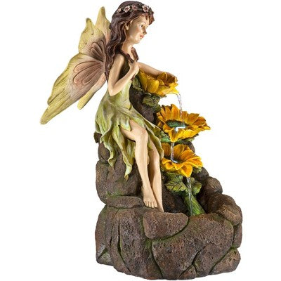  John Timberland Garden Fairy With Sunflowers Modern Cascading Outdoor Floor Water Fountain With LED Light 26" For Yard Garden Patio Home Deck Porch