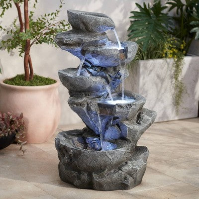 Five Bowl 40 1/2" High Large Zen Modern Indoor Outdoor Decor Gray Resin Floor Fountain With Light LED Waterfall Outside Garden Patio