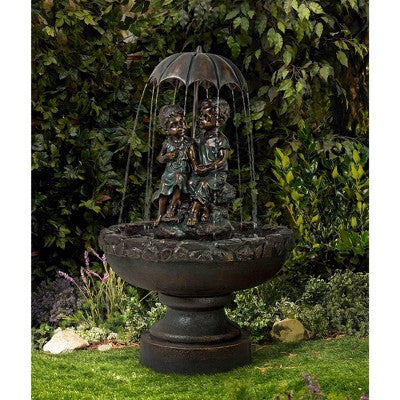  John Timberland Boy And Girl Under Umbrella Modern Outdoor Water Fountain 40" For Yard Garden Patio Home Deck Porch House Exterior Balcony Roof Decor