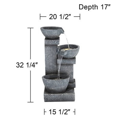  Three Bowls 32 1/4" High Large Modern Indoor Outdoor Decor Gray Faux Stone Floor Fountain With Light LED Cascading Outside Garden
