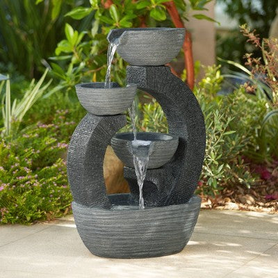  John Timberland Three Cup Modern Japanese Cascading Outdoor Floor Water Fountain With LED Light 31 1/2" For Yard Garden Patio Home Deck Porch Exterior