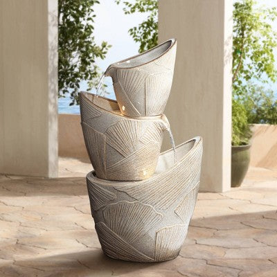  John Timberland Three Urn With Leaves Rustic Cascading Outdoor Floor Water Fountain With LED Light 30" For Yard Garden Patio Home Deck Porch Exterior