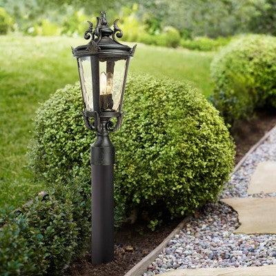  John Timberland Traditional Outdoor Post Light Fixture LED Matte Black 32 1/2" Champagne Hammered Glass House Patio Garden Yard