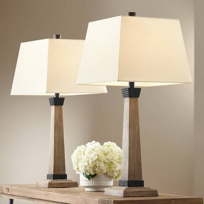  John Timberland Buchan Rustic Farmhouse Table Lamps 29 1/2" Tall Set Of 2 Faux Wood Oatmeal Square Shade For Bedroom Living Room Bedside Nightstand