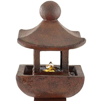  Pagoda 31" High Large Zen Japanese Indoor Outdoor Decor Rust Stone Floor Fountain With Light LED Waterfall Outside Garden Patio Yard