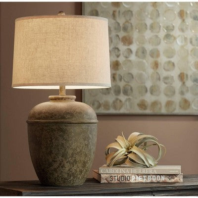  John Timberland Otero Rustic Table Lamp Southwest 27" Tall Faux Mottled Stone Cream Linen Drum Shade For Bedroom Living Room Bedside Nightstand Kids