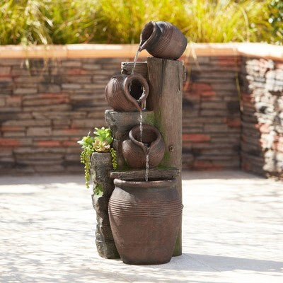  John Timberland Four Pot Rustic Cascading Outdoor Floor Water Fountain With LED Light 39 1/4" For Yard Garden Patio Deck Porch House Exterior