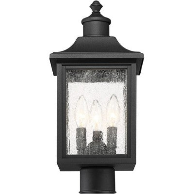  John Timberland Moray Bay 17" High Mission Outdoor Post Light Fixture Pole Porch House With Pier Mount Adapter 3-Light Black Metal Seeded Glass Shade