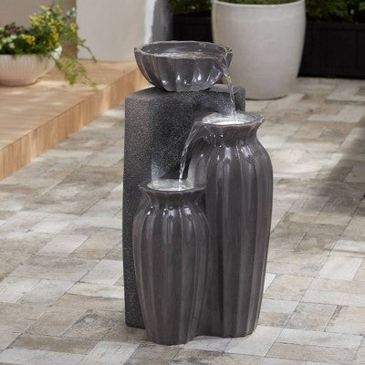  Three Bowls 26 1/2" High Large Modern Outdoor Decor Dark Gray Ceramic Floor Fountain With Light LED 3-Tier Outside Garden Patio Yard