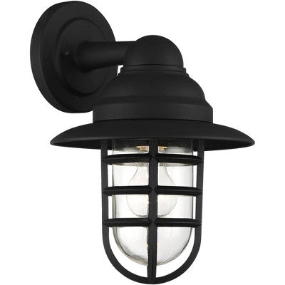  John Timberland Marlowe Rustic Industrial Outdoor Wall Light Fixtures Set Of 2 Black Hooded Cage 13" Clear Glass For Post Exterior Barn