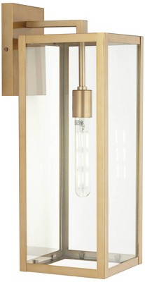  John Timberland Titan Modern Outdoor Wall Light Fixtures Set Of 2 Soft Gold Rectangular Frame 20 1/4" Clear Glass For Post Exterior Barn