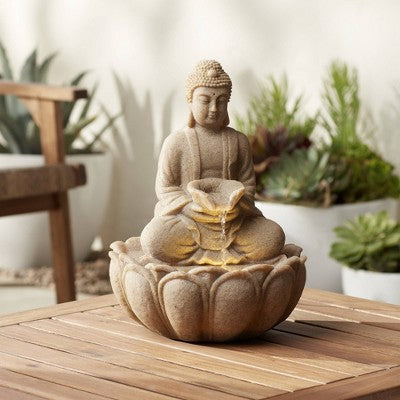  John Timberland Calm Buddha Zen Outdoor Water Fountain With LED Light 14" For Yard Garden Patio Deck Porch House Exterior Balcony Meditation