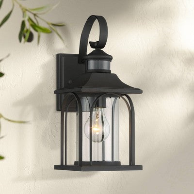  John Timberland Adaes Mission Outdoor Wall Light Fixture Textured Black Motion Sensor 14 1/4" Clear Glass For Post Exterior Barn Deck House Porch Yard