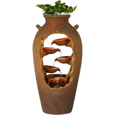  John Timberland Cascade Rustic Asian Planter Urn Outdoor Floor Water Fountain With LED Light 33" For Yard Garden Patio Home Deck Porch Exterior House