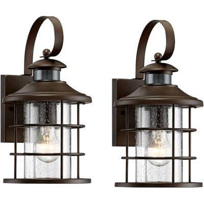  John Timberland Hogan 14" High Bronze Motion Sensor Outdoor Wall Light Set Of 2