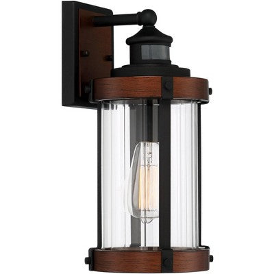  John Timberland Stan Industrial Outdoor Wall Light Fixture Dark Faux Wood Black Motion Sensor 15 1/2" Clear Glass For Post Exterior Barn Deck House