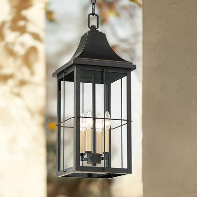  John Timberland Sunderland Vintage Outdoor Hanging Light Black Gold 24 3/4" Clear Glass Panels For Post Exterior Barn Deck House Porch Yard Patio Home