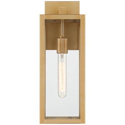  John Timberland Titan Modern Outdoor Wall Light Fixtures Set Of 2 Soft Gold Rectangular Frame 17" Clear Glass For Post Exterior Barn