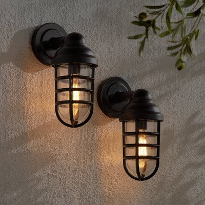  John Timberland Marlowe Industrial Outdoor Wall Light Fixtures Set Of 2 Bronze Metal Cage 13 1/4" Clear Glass For Post Exterior Barn Deck House Porch