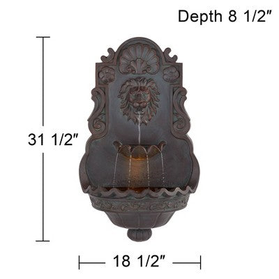  John Timberland Lion Head Rustic 2 Tier Outdoor Wall Water Fountain With LED Light 31 1/2" For Yard Garden Patio Home Deck Porch Exterior Balcony