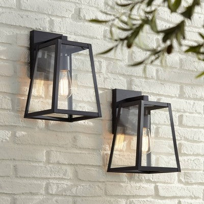  John Timberland Arrington Industrial Outdoor Wall Light Sconces Set Of 2 Mystic Black Hardwire 8" Fixture Clear Glass For Bedroom Bathroom Vanity Home