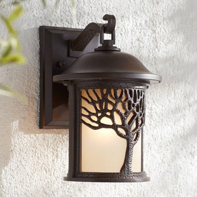  John Timberland Mission Outdoor Wall Light Fixture Bronze Tree Motif 12 1/4" Amber Glass Lantern For Exterior House Porch Patio
