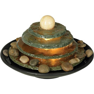 John Timberland Pyramid Rustic Zen 4 Tier Pyramid Indoor Tabletop Water Fountain With Light 10" For Table Office Desk Bedroom Living Room Relaxation