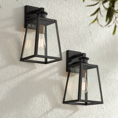  John Timberland Arrington Modern Outdoor Wall Light Fixtures Set Of 2 Black Motion Sensor 14 3/4" Clear Glass For Post Exterior Barn Deck House Porch