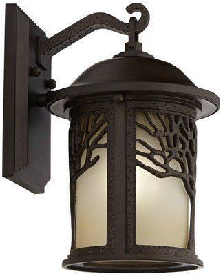  John Timberland Mission Outdoor Wall Light Fixture Bronze Tree Motif 12 1/4" Amber Glass Lantern For Exterior House Porch Patio
