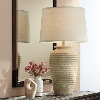 John Timberland Austin 28" Tall Jug Southwest Farmhouse Rustic Table Lamps Set Of 2 Sand Toned Ridged Finish Cream Shade Living Room Bedroom Bedside