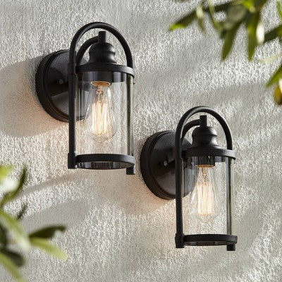  John Timberland Rustic Farmhouse Outdoor Wall Light Fixtures Set Of 2 Black 10 1/4" Clear Glass For Exterior Barn Deck House Porch Yard Patio Outside