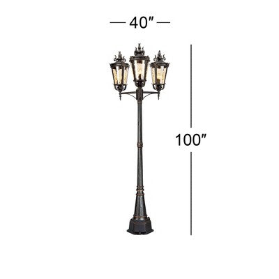  John Timberland Mediterranean Outdoor Post Light Street Lantern 3 Light Veranda Bronze 100" Clear Hammered Glass For Exterior Yard