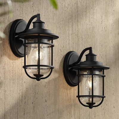  John Timberland Markham Modern Nautical Outdoor Wall Light Fixtures Set Of 2 Textured Black 10 1/2" Clear Seedy Glass For Post Exterior Barn Deck Home