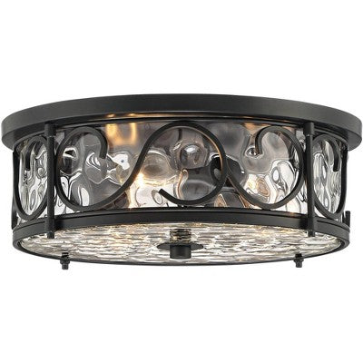  John Timberland Paseo Rustic Industrial Flush Mount Outdoor Ceiling Light Matte Black 6 1/4" Clear Hammered Glass Damp Rated For Post Exterior Barn