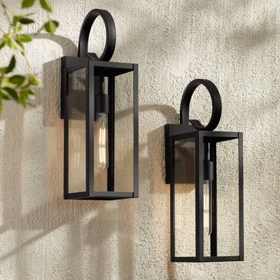  John Timberland Modern Outdoor Wall Light Fixtures Set Of 2 Deep Black 21" Clear Glass For Post Exterior Barn Deck House Porch