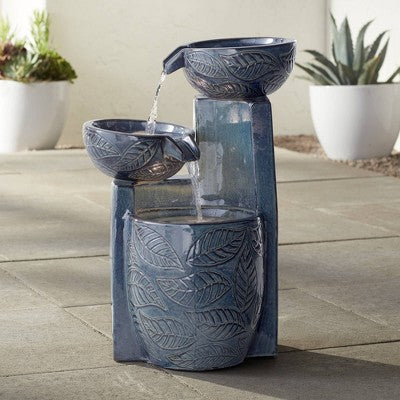 John Timberland Summer Leaves Cascading Bowls Modern Outdoor Floor Water Fountain With LED Light 26" For Yard Garden Patio Deck Porch House Exterior