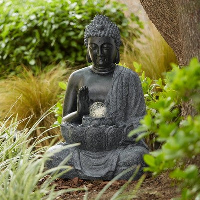  John Timberland Sitting Buddha Zen Outdoor Water Fountain With LED Light 28" For Yard Garden Patio Deck Porch House Exterior Balcony Meditation